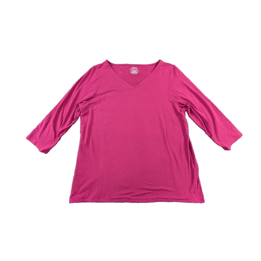 Chicos Ultimate Tee Shirt Size 3 Womens‎ XL Magenta V Neck Stretch 3/4 Sleeve